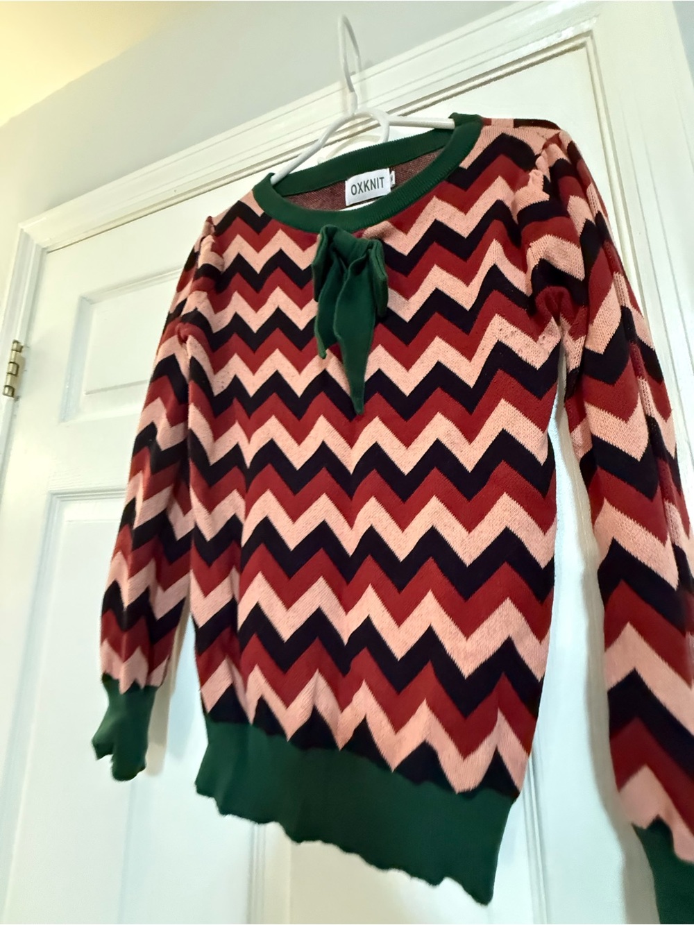 Green Trim Chevron Knit Sweater - Pink, Red, Navy